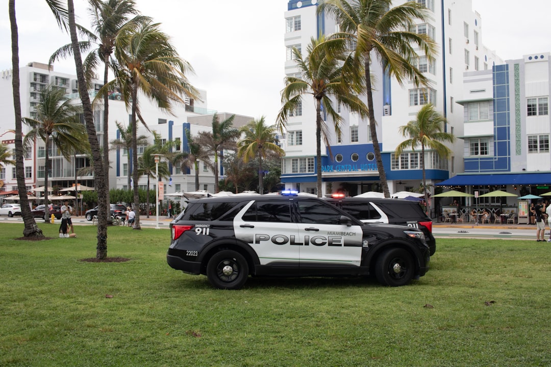 A police car parked in the grass near palm trees