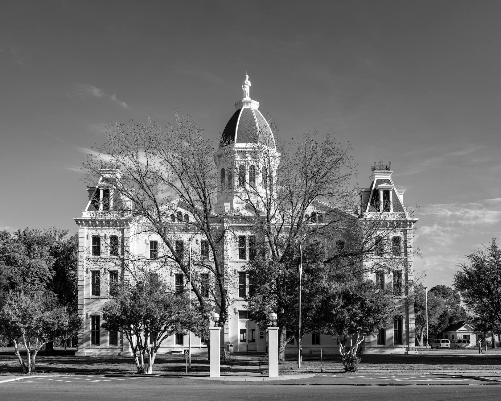 Black and white photo of the iconic Presidio County Courthouse in Marfa, Texas.