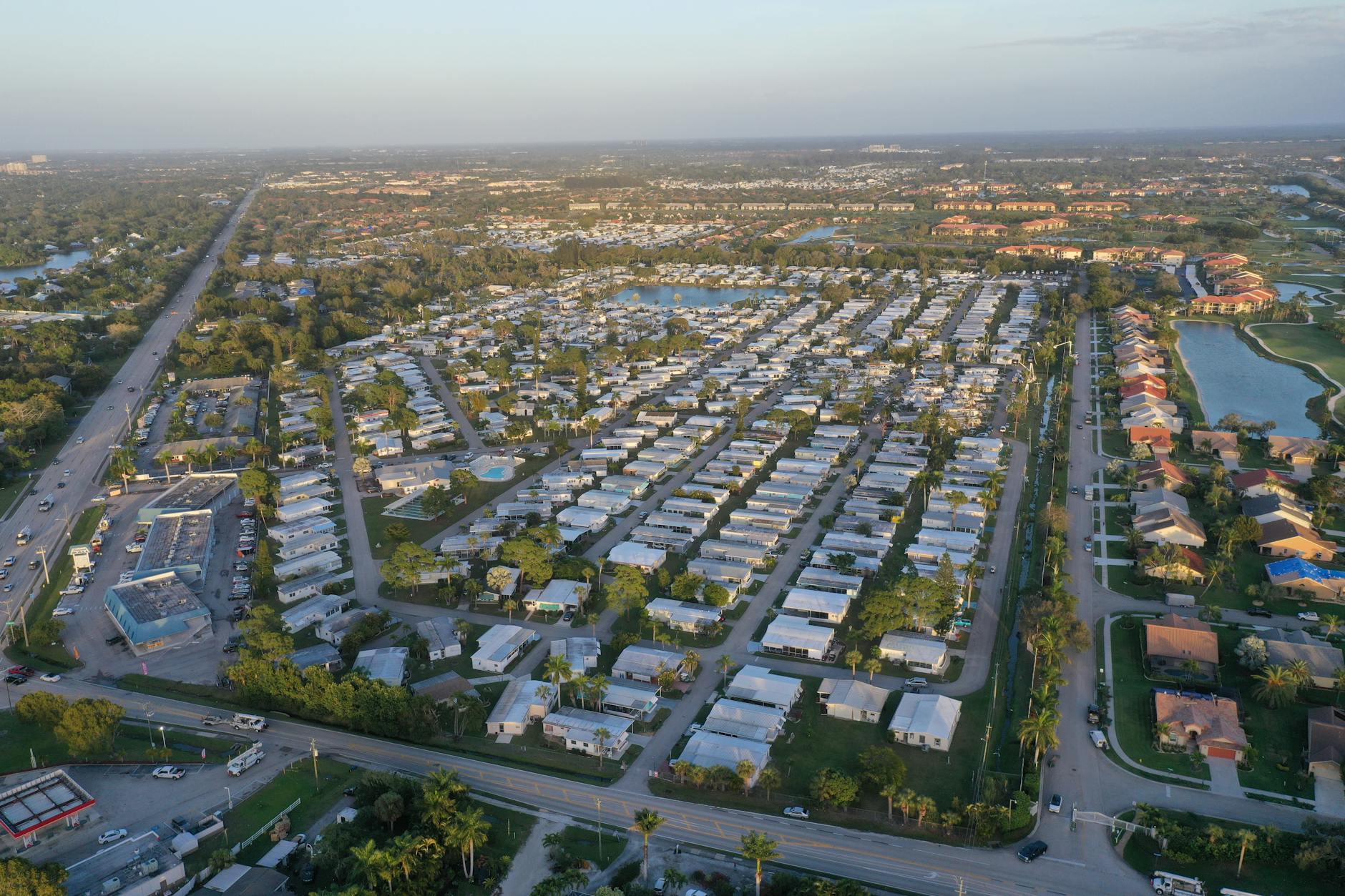 Aerial view showcasing the grid-like pattern of a residential neighborhood in Fort Myers, Florida.